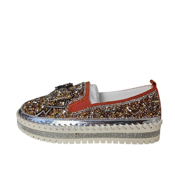 Womens 8.5/39 Rhinestone Bow Platform Sneakers Glitter Walking Slip-On Loafers - Picture 4 of 15